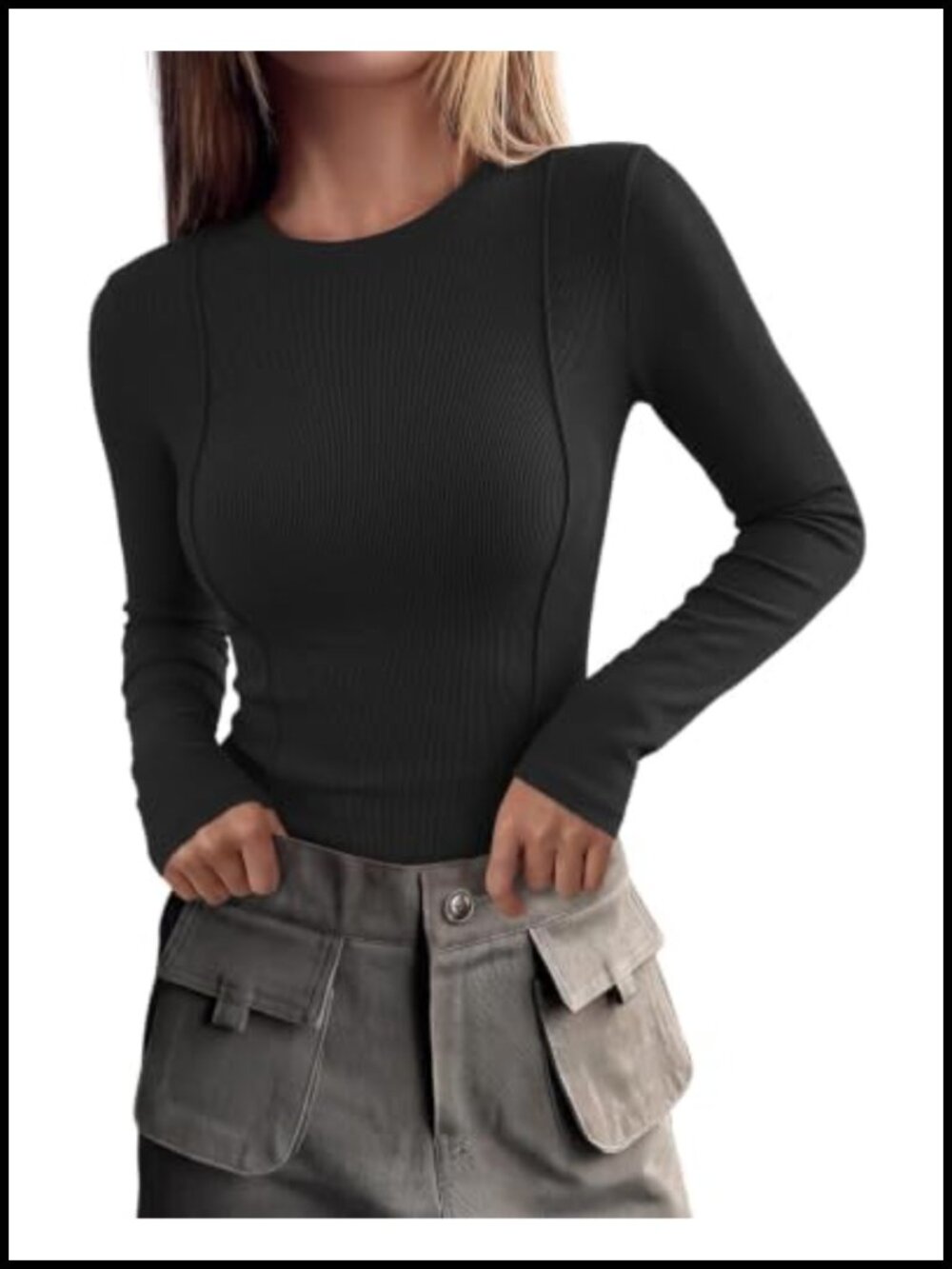 Ribbed Knit Long Sleeve Crew Neck Fitted T-Shirt Slimming Seam Detail